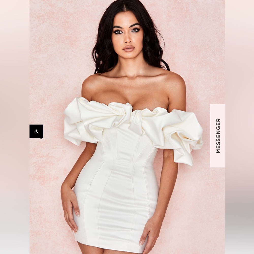 House of CB Selena Dress (Ivory Satin Ruffle Dress)